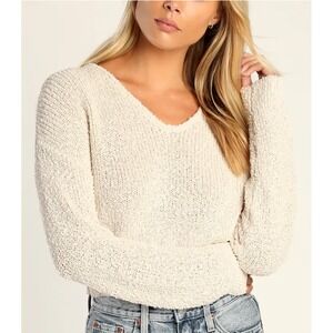 Lulus Cream‎ Knit Sweater Womens Medium Long Sleeve V Neck Twist Back